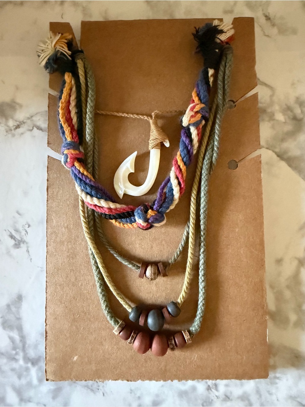 Multistrand Rope Necklace with Hook Pendant - Olive & Multicolor